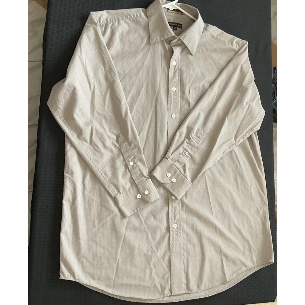 Cambridge Classics Shirt Mens 17‎ 32/33 Beige Pinstripe Button Down Easy Care